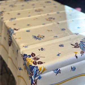 Vintage Floral Tablecloth in Cream with Blue and Yellow Accents